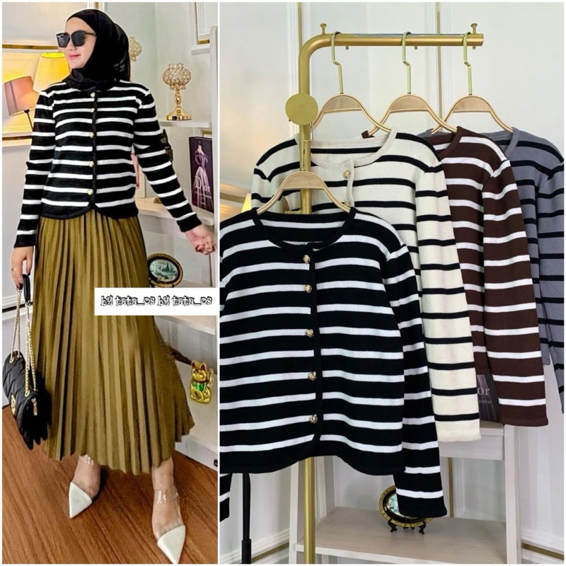 TATAOS BANGKOK BY MJS CELOVA STEVY SALUR STRIPE CARDY BUTTON GOLD KNIT RAJUT STRECH IMPORT