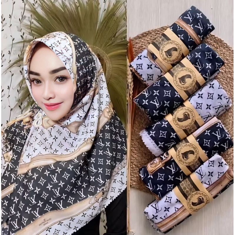 HIJAB SEGI EMPAT LOUIS VUITTON (LV) WHITE AND BLACK KW SUPER PREMIUM / KERUDUNG LV / NECCASCARFT