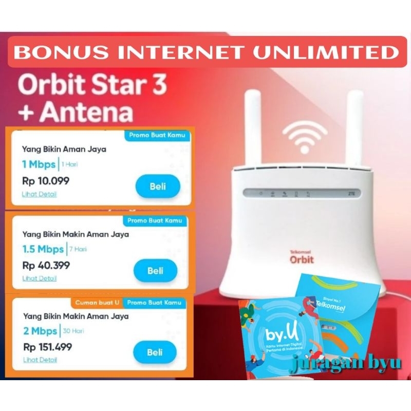 [ BISA COD ] Modem Orbit star 3 plus antena Telkomsel Bonus Kartu Byu Unlimited