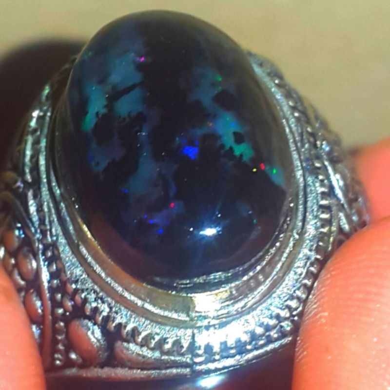 Cincin Batu Black Opal Kalimaya Sempur Banten Full Sisit Jarong Natural Bahan Ranting Ring Alpaka Rintik