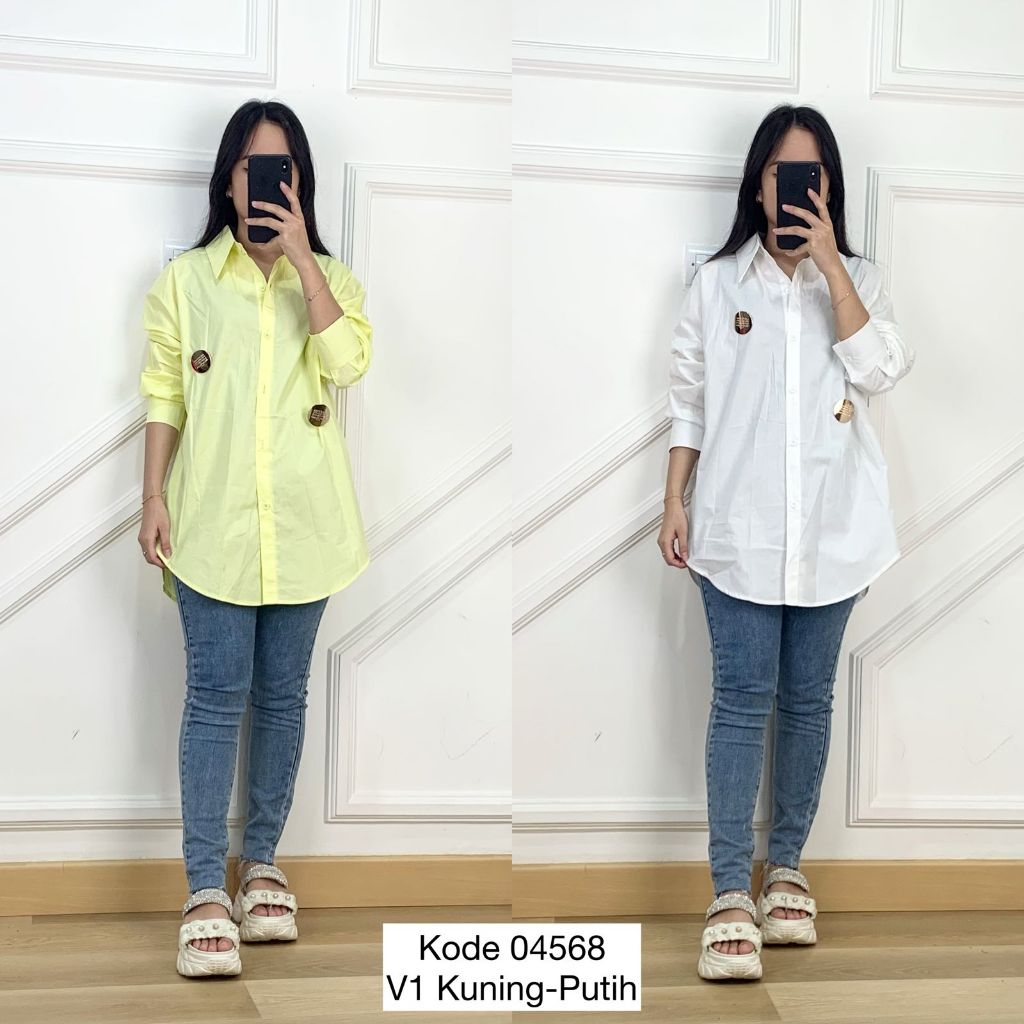 04568 KEMEJA OVERSIZE WANITA VARIASI KANCING GOLD MOTIF TELINGA / POLOS FREE TRIPLE BROSS GOLD / MAN