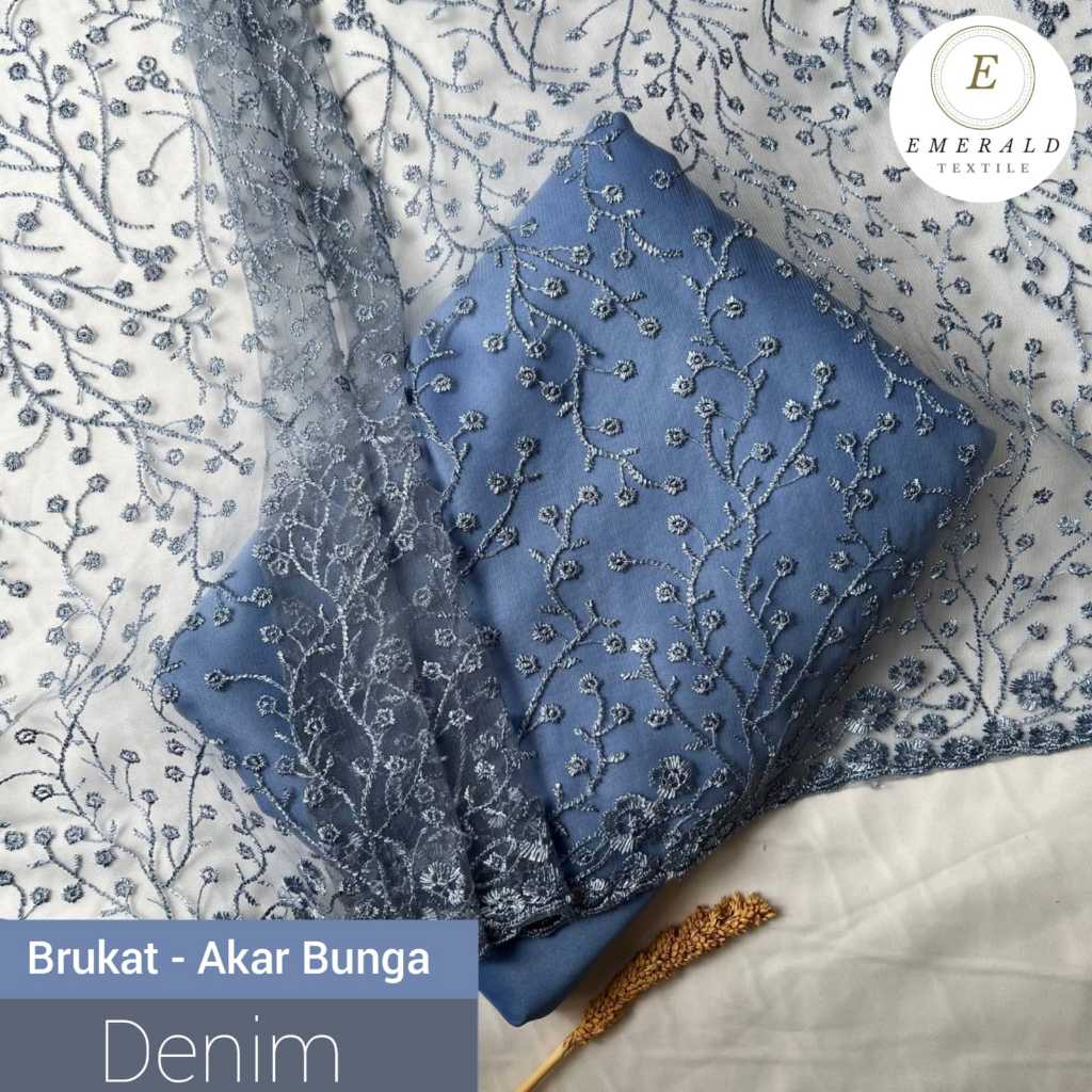 SETENGAH METER Kain Brukat Tile Prancis Bahan Kebaya Motif Akar Bunga - Denim ( HARGA PER 50cm KAIN 