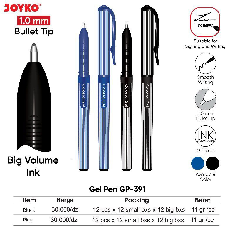 

( 1 Pcs ) GP391 Pulpen Gel Pen Tanda Tangan JOYKO GP-391 Colossal Hitam Biru / Black Blue Tebal 1.0 mm for Signature
