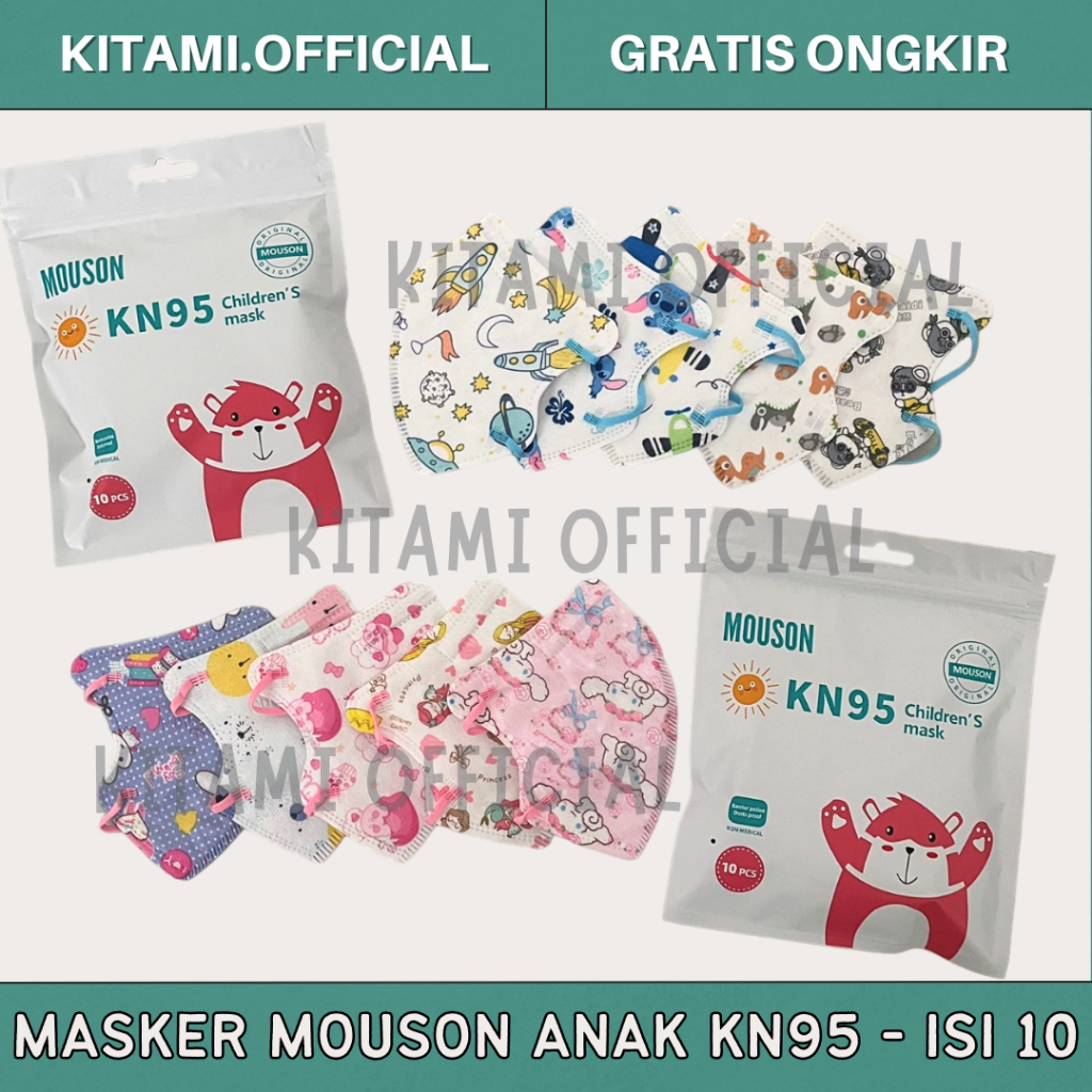 MASKER ANAK MOUSON KF94 MOTIF WARNA WARNI ISI 10 LEMBUT TEBAL | MASKER ANAK POLOS