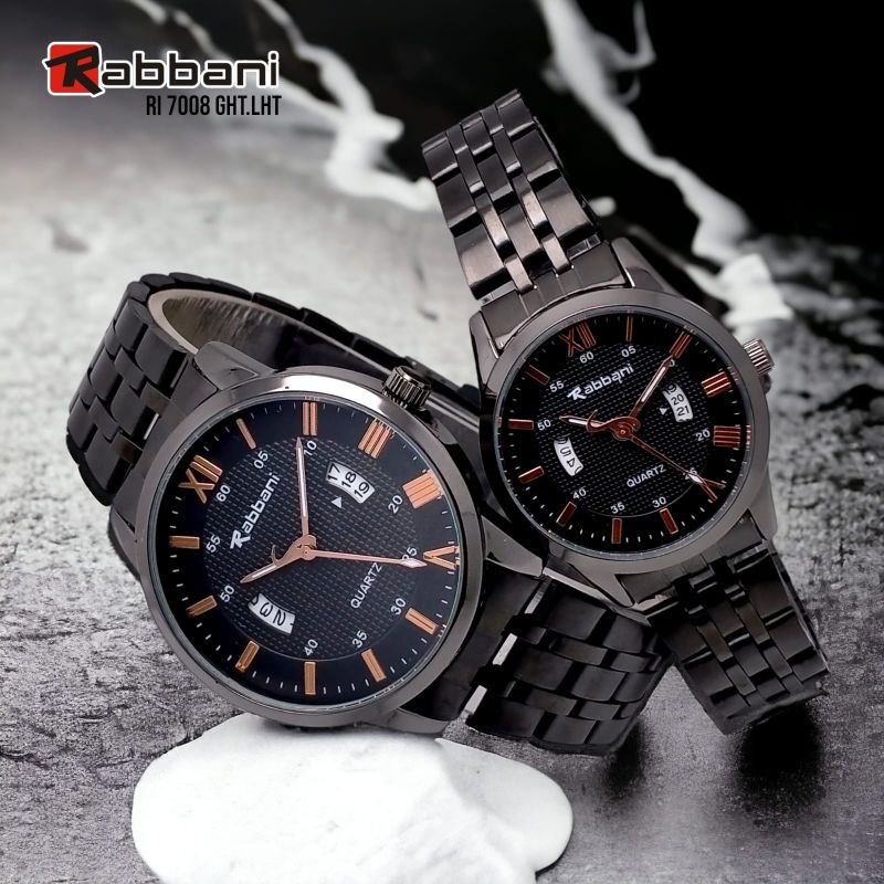 Rabbani 7008 ght/lht, Jam tangan couple, Rantai hitam monochrom, water resistant.