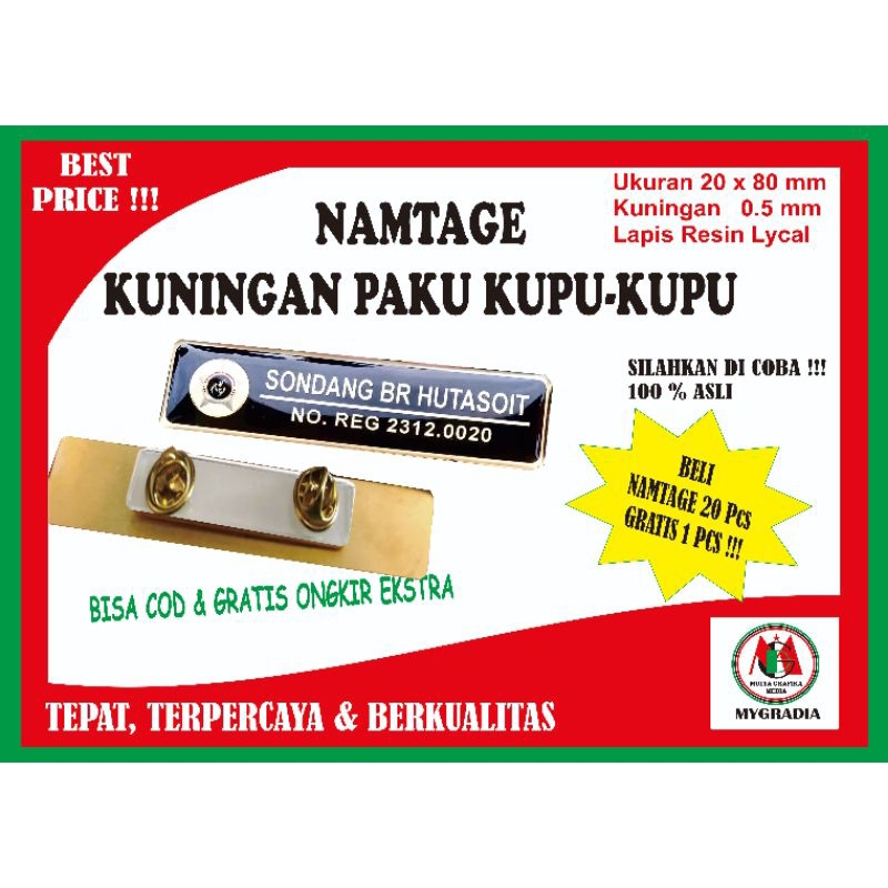 

Name tag / Nama Dada Kuningan Paku Kupu-kupu 2x8 cm