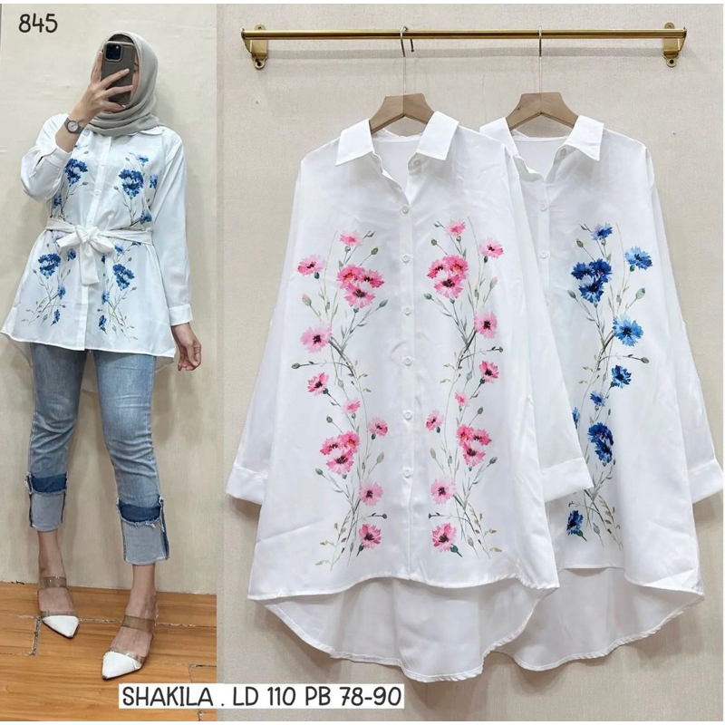 ATASAN WANITA KEMEJA IMPORT FASHION TERBARU BIG SIZE IMPORT BUNGA PRINTING KOMBINASI KEMEJA KANTOR W