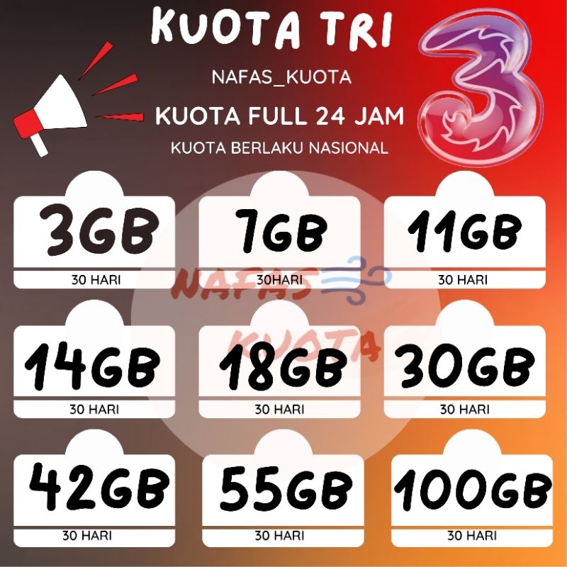MURAH Kuota Tri 1,5GB 2,5GB 4GB 5GB 12GB 52GB Unlimited | Paket Data Three Murah 24Jam Full aktif 30Hari