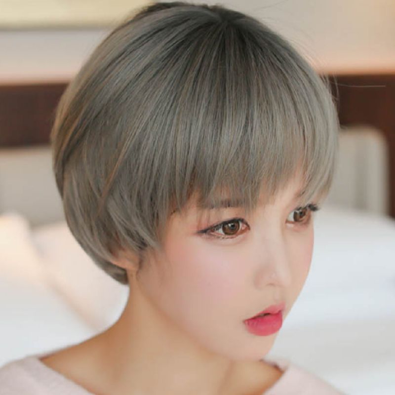 Wig Wanita Rambut Pendek Dengan Poni Warna Abu Abu Rambut Palsu Wanita Korea Warna Grey