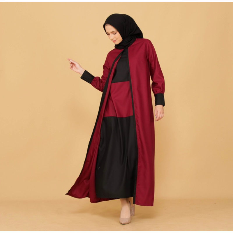 Gamis Dress merah marun maroon hitam umroh cantik mewah