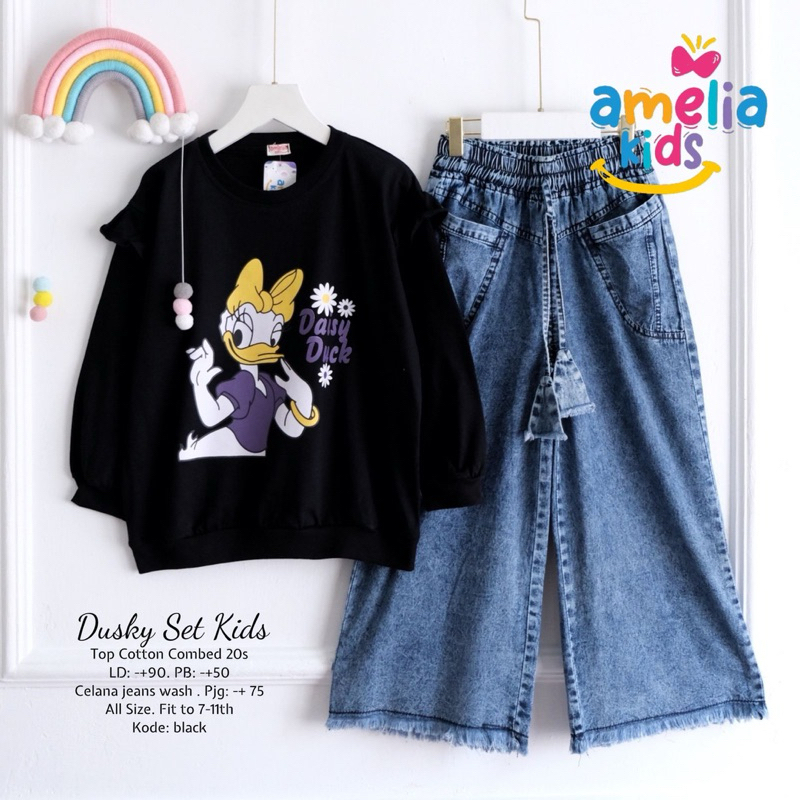 DUSKY SET KIDS || SETELAN KAOS MOTIF CELANA JEANS KULOT ANAK PEREMPUAN 7-11 TAHUN AMELIA KIDS ORIGIN
