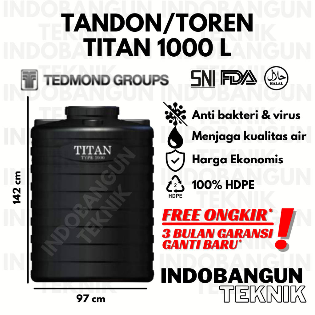 Tandon Toren Tangki Air Titan 1000 Liter Harga Murah Tedmond Grand Anti Lumut Garansi 3 Bulan