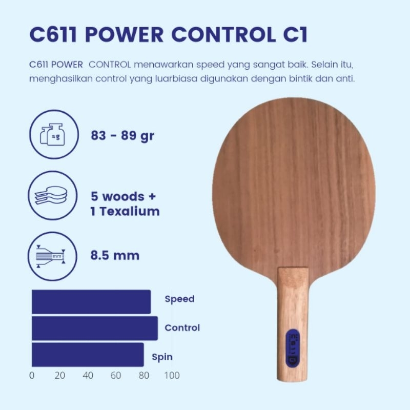 C611 Power Control C1 Kayu Balsa Texalium Carbon Blade Pingpong Bet Tenis Meja Ukuran 158 x 1152 mm 
