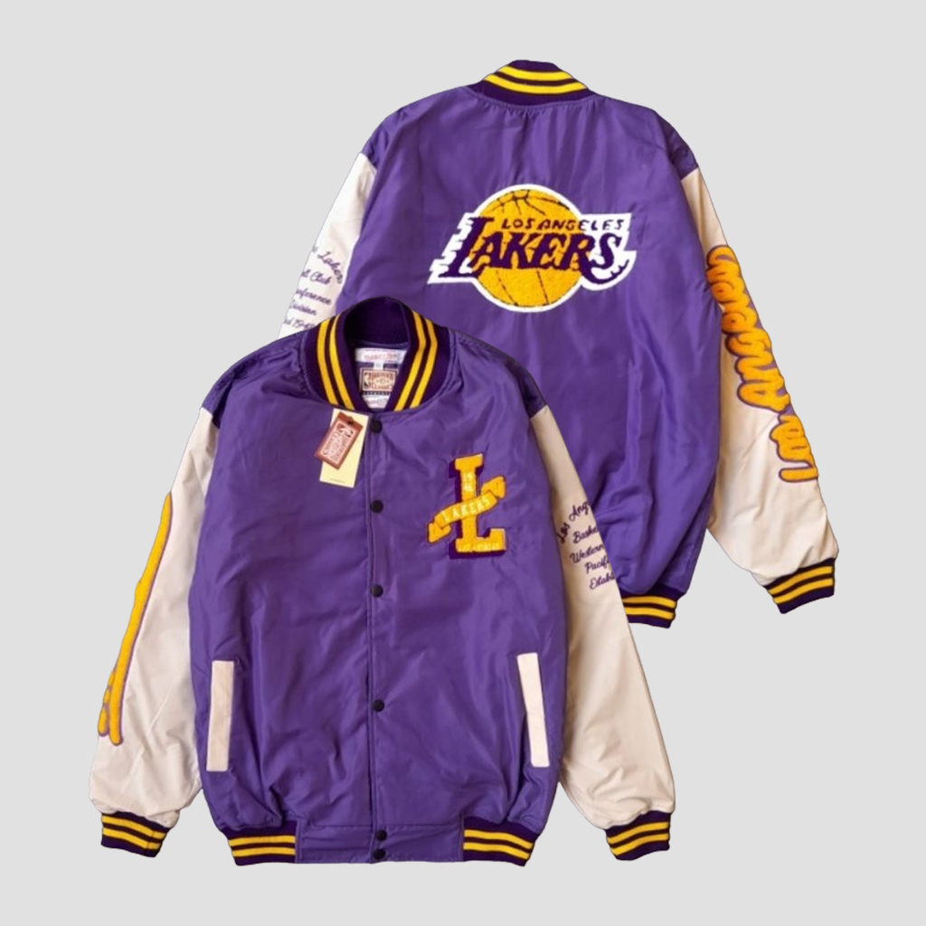 Zylion - Varsity Los Angeles Laker's Purple Cream Bomber Jacket Casual Vintage Full Embroidery