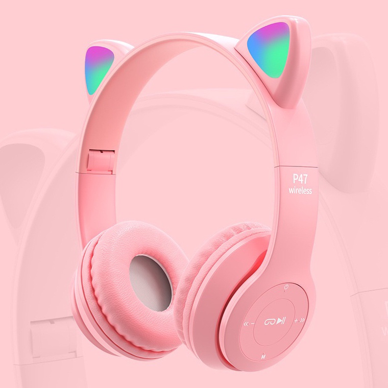 ART T19E Headphone wireless bluetooth led cat ears p47 m headset bando kucing