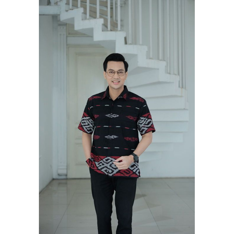 Kemeja tenun pria lengan pendek full furing