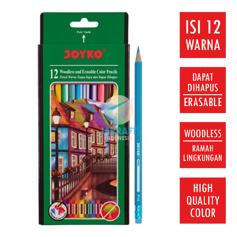 

(12 Pcs) Pensil Warna 12 Warna Panjang Bisa Dihapus JOYKO Erasable Color Pencil CP-109 High Quality