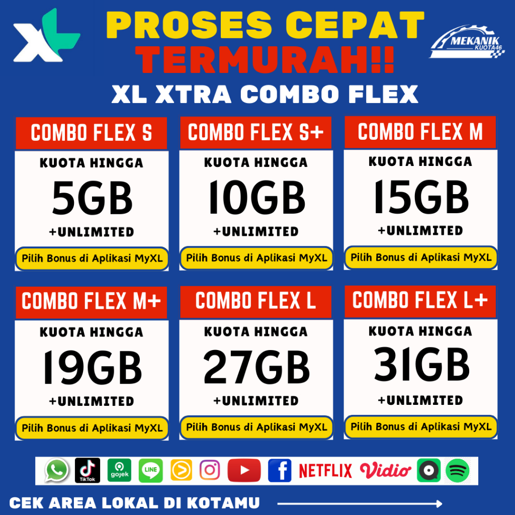 KUOTA XL MURAH COMBO FLEX FULL 24 JAM S HINGGA 4GB,SS HINGGA 7.5GB, M HINGGA 13GB,L HINGGA 25,XL HIN