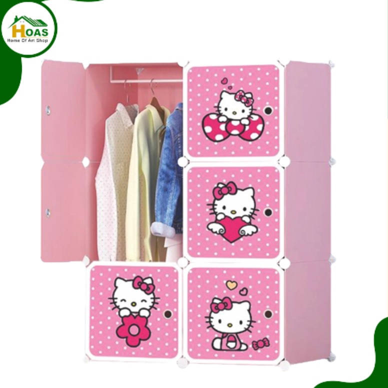 Real produk Hoas Lemari Pakaian Rakit Plastik Anak 6 Pintu Lemari Portable Rak Baju Gantungan