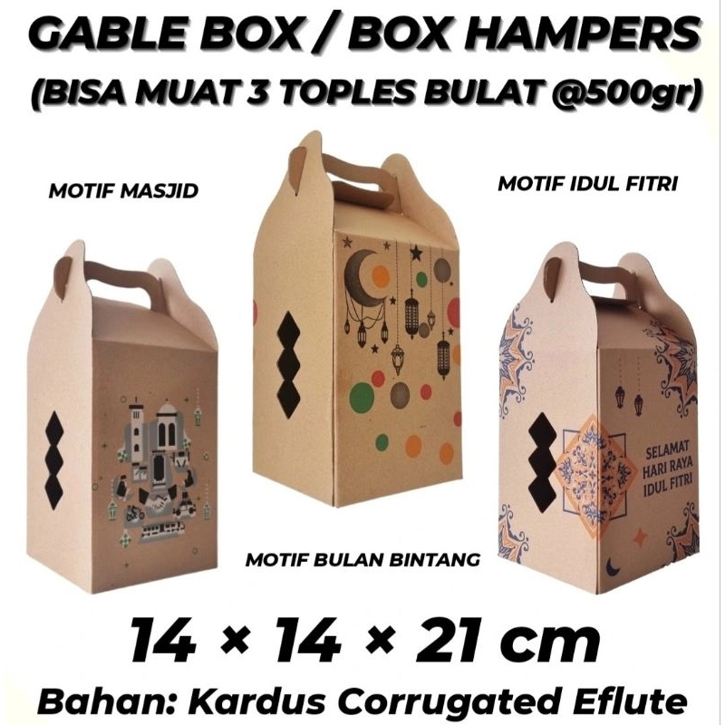 

(MIN ORDER 10 PCS) GABLE BOX 14x14x21 / BOX TOPLES LEBARAN IDUL FITRI / BOX TOPLES NATAL / BOX TOPLES ISI 3 / BOX TOPLES 500gr / BOX HAMPERS / BOX SOUVENIR