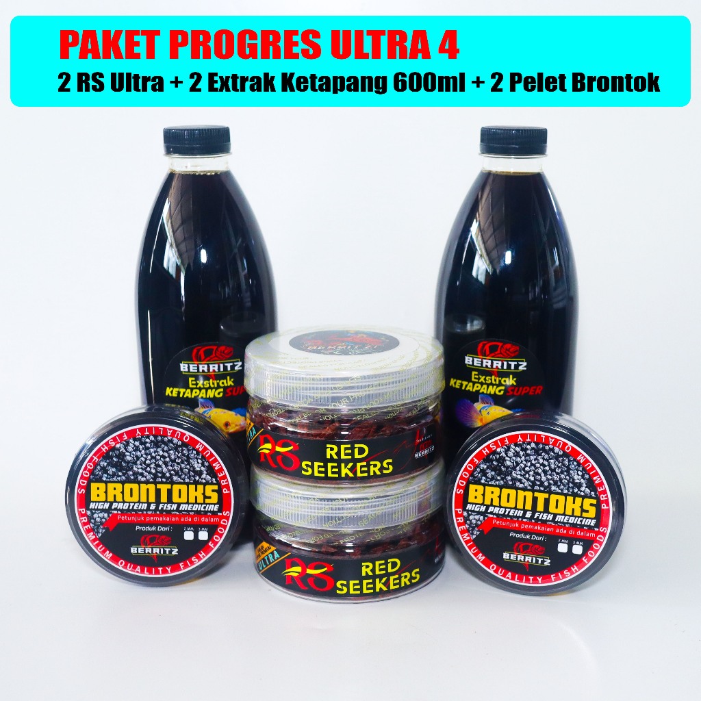 PAKET PROGRES ULTRA 4 RS Ultra Extrak Ketapang dan Pelet Brontok Berritz [Pakan ikan channa,arwana]