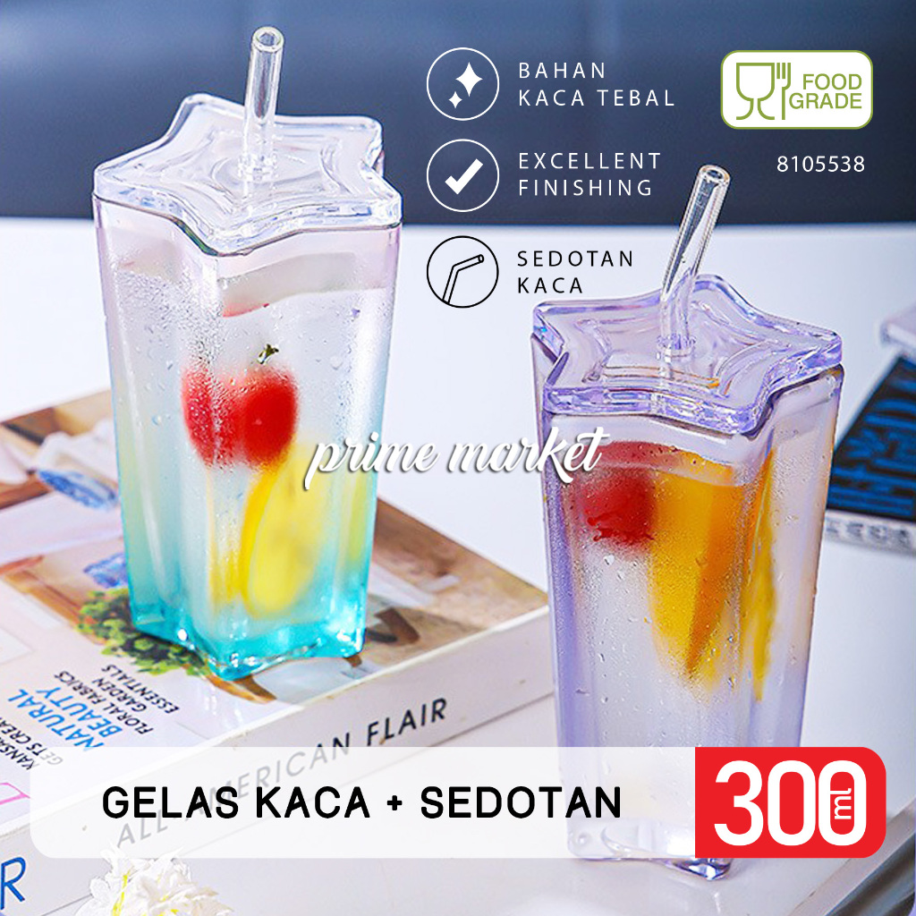 Gelas Minum Kaca Sedotan Gelas Kaca Aesthetic Bentuk Bintang + Sedotan Gelas Minum Kaca Tebal Tumble