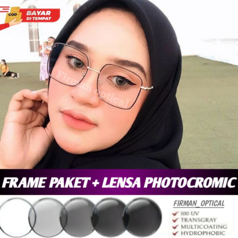Frame kacamata kotak || kacamata minus paket lensa + photocromic 9691