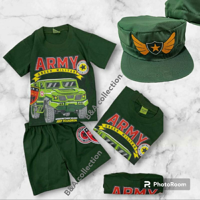 SETELAN BAJU ANAK LAKI-LAKI ARMY (ADA  TOPI)UNTUK USIA 1-10 TAHUN
