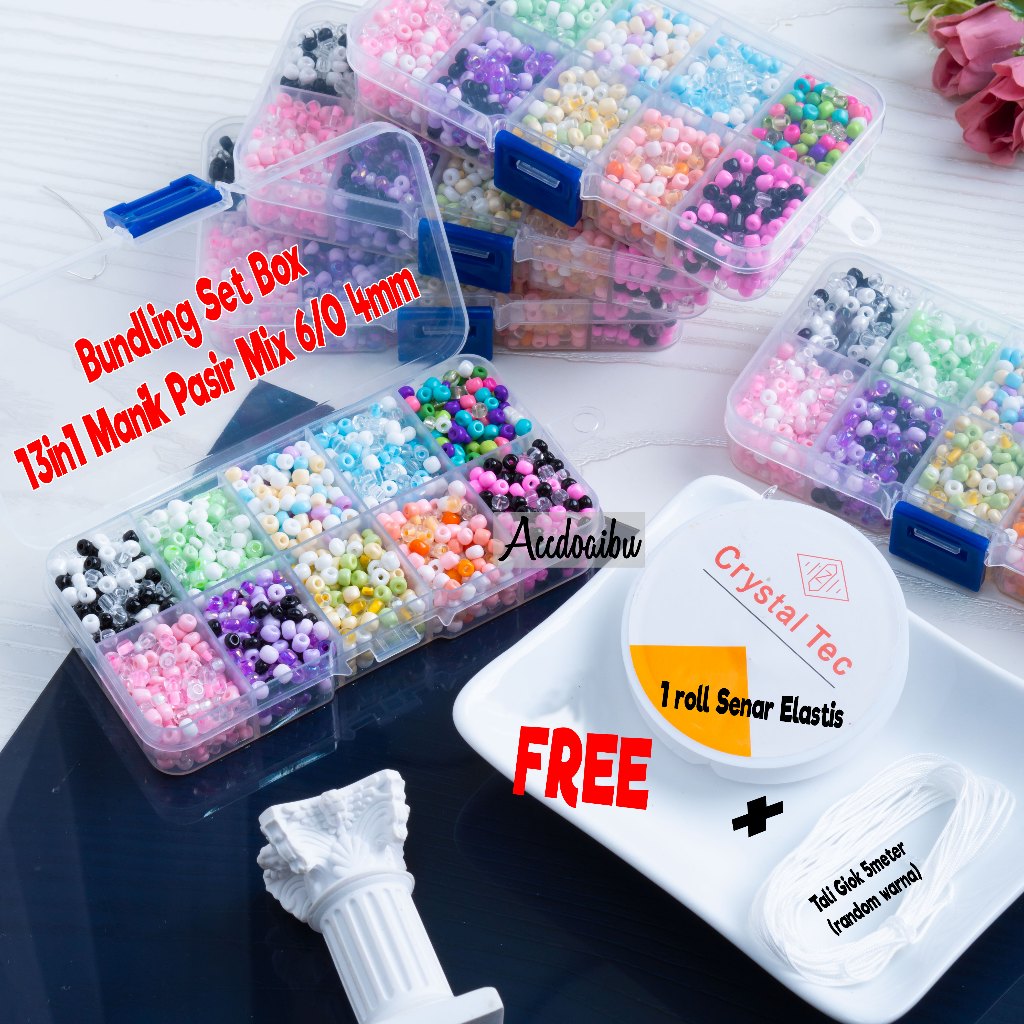 13in1 Paket Meronce Manik Pasir Mix Series 6/0 4mm Set Box Bonus Senar Elastis + Tali Giok - Mainan 