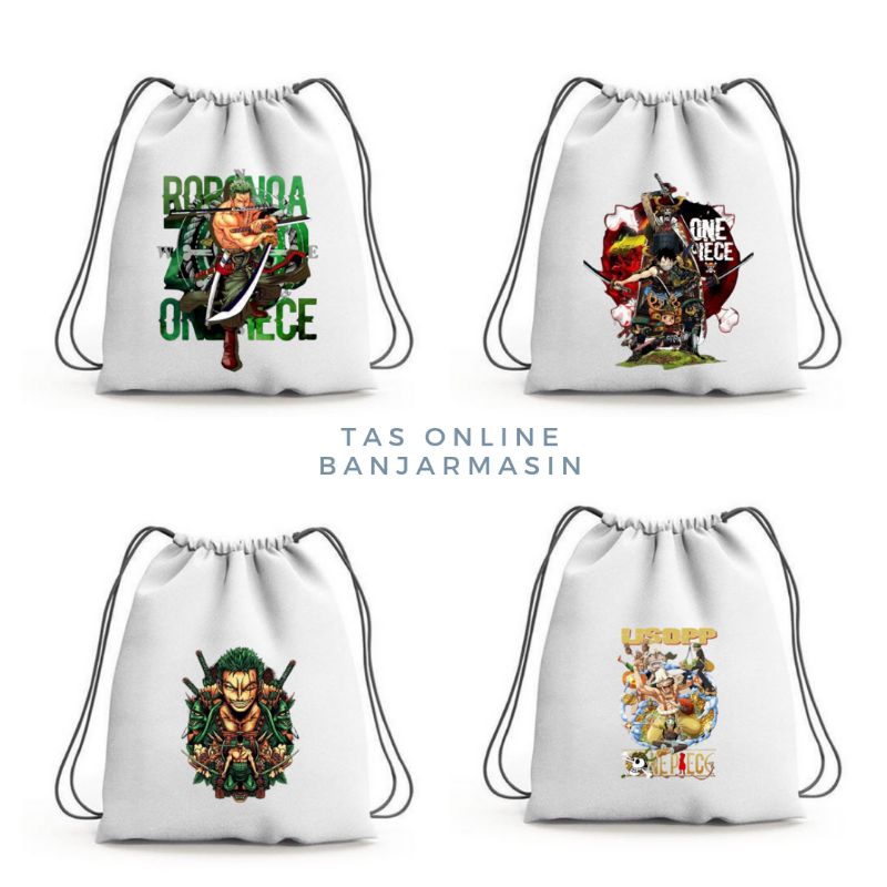 Tas Online Banjarmasin - Tas Serut Kanvas Putih Bergambar Anime One Piece Untuk Pria & Wanita