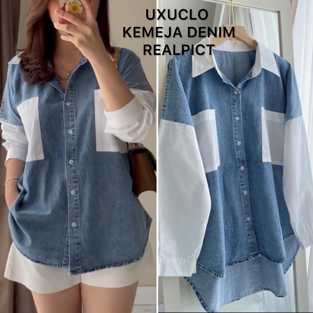 Denim Shirt Kombinasi Cotton/Kemeja Denim Kombinasi Cotton Wanita/Kemeja Wanita Denim Kombinasi Cott