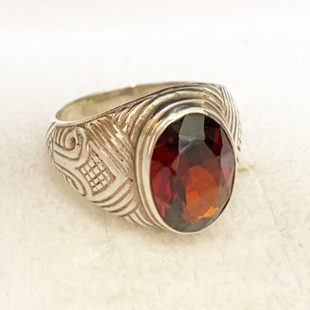Cincin Ring Perak Silver Bali Asli 925 Ukir Nanas Garis Batu Akik Red Garnet Besar Pria Laki Wanita 