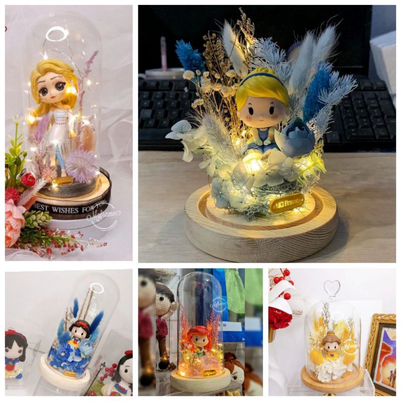 Princess Character Glass Kaca Dome LED Artificial Driedd Flower Bunga Custom Hand Made Hiasan Dekora