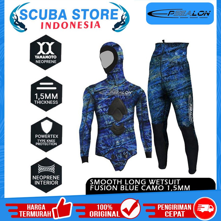 Long Wetsuit Smooth Epsealon Camo Blue Neoprene 1,5mm With Hood Camoflage Baju Penutup Kepala Selam 