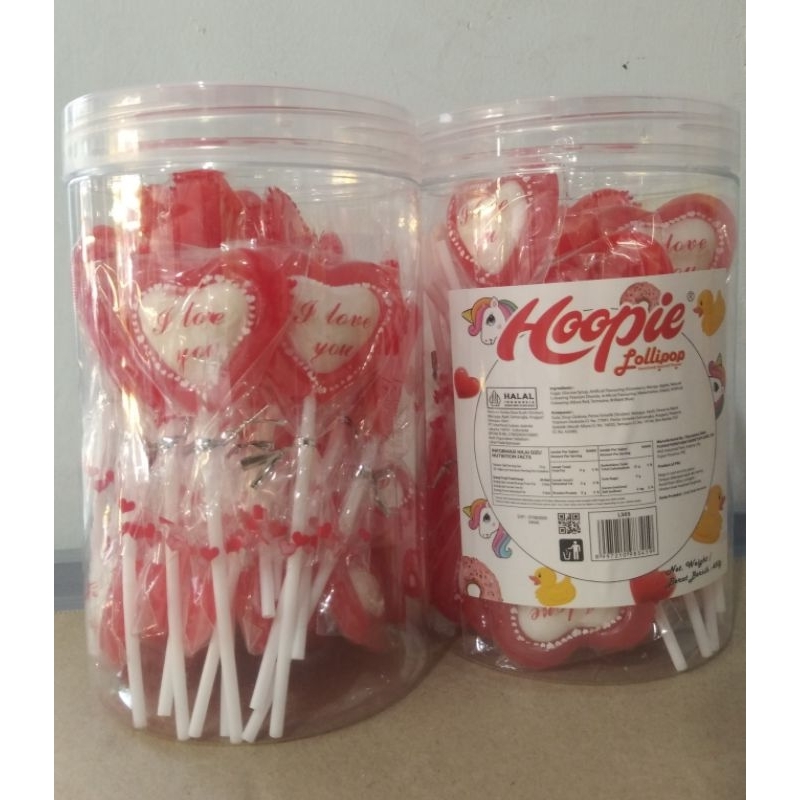 

Hoopie Lollipop I Love You | Permen Lolipop Rasa Buah & Susu Bentuk Love || Berat Bersih 450gr