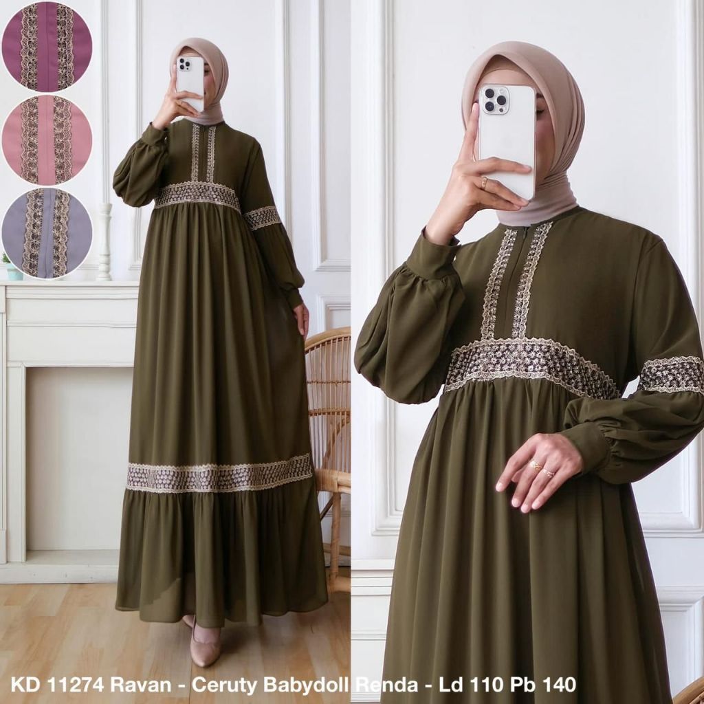 KD 11274 (isi 2) ASYA Gamis Full Ceruty Babydoll Renda Import Lebar Mayung Polos Home Dress Muslimah