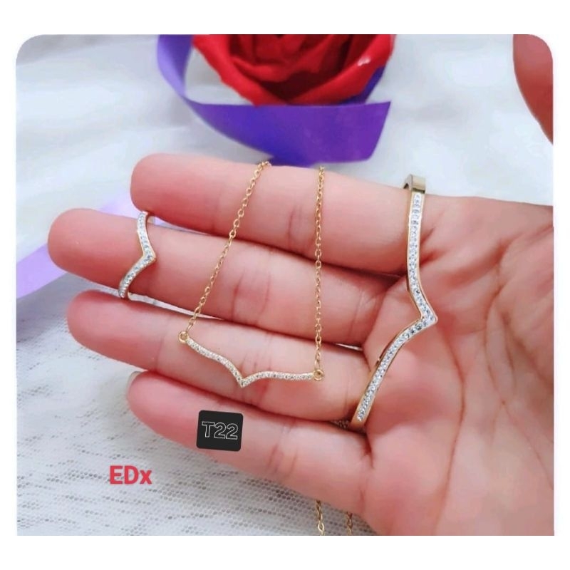 RinaXp- Set Perhiasan Aurel Titanium Permata Zircon Anti Karat Kalung, Gelang Bangle dan Cincin Aure
