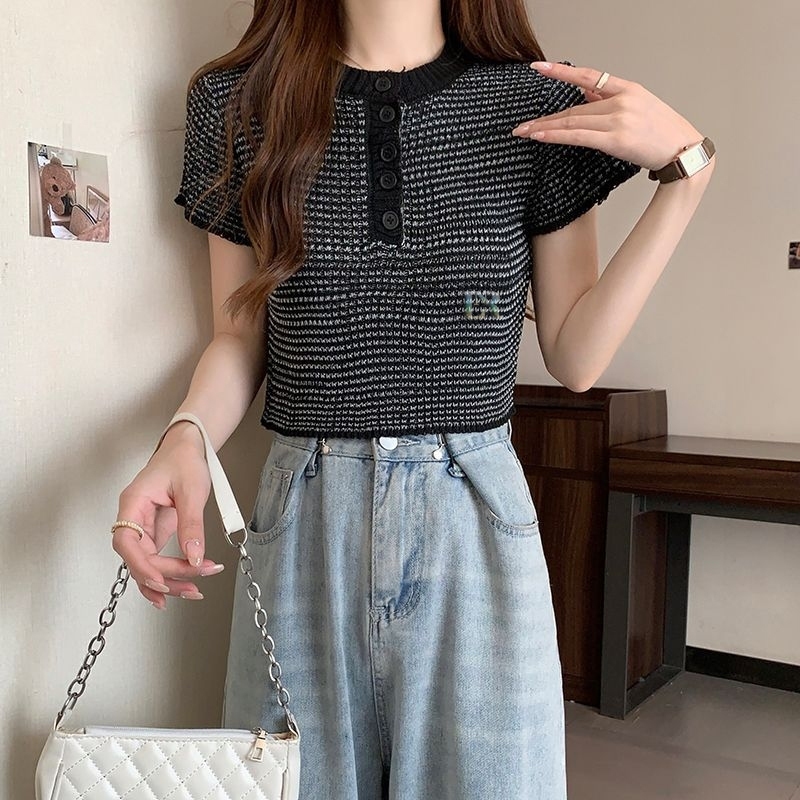 Baju Atasan Wanita Remaja Dewasa Bahan Rajut Knit Blouse Import Dengan Kancing Depan Lengan Pendek K