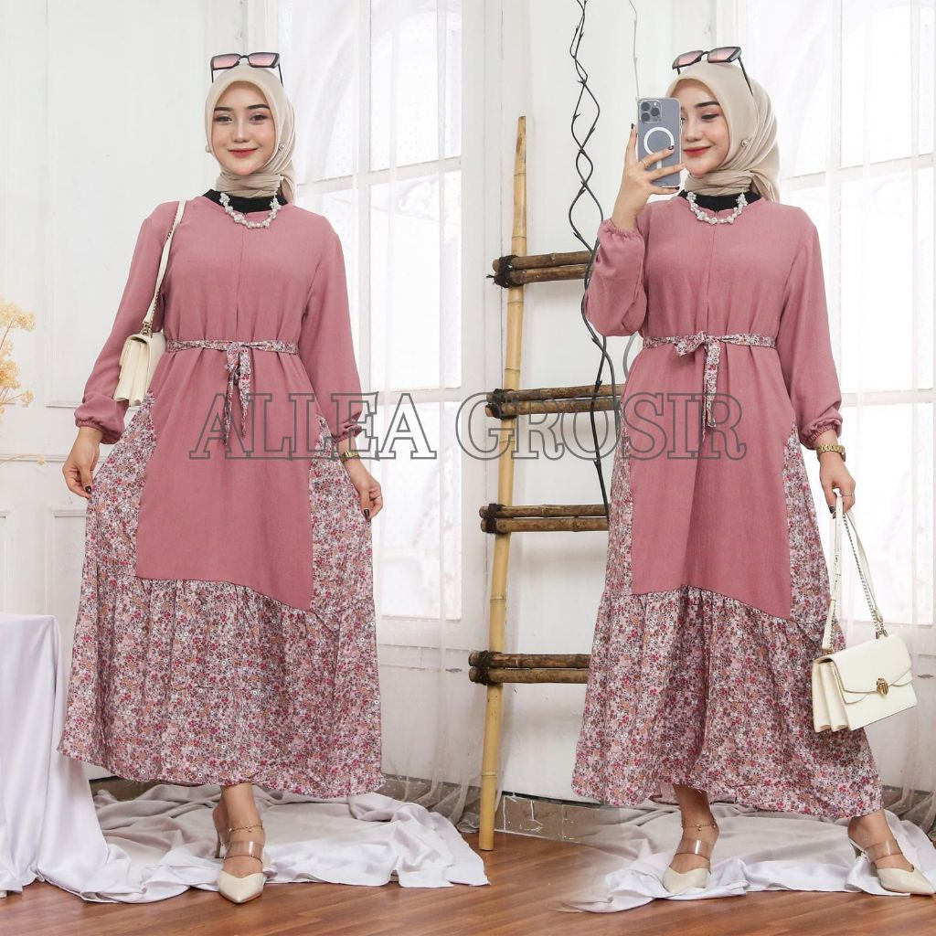 Midi Dress Wanita Kombinasi Motif Rayon Bunga, Dres Crinkle Jumbo Fashion Dewasa Kekinian