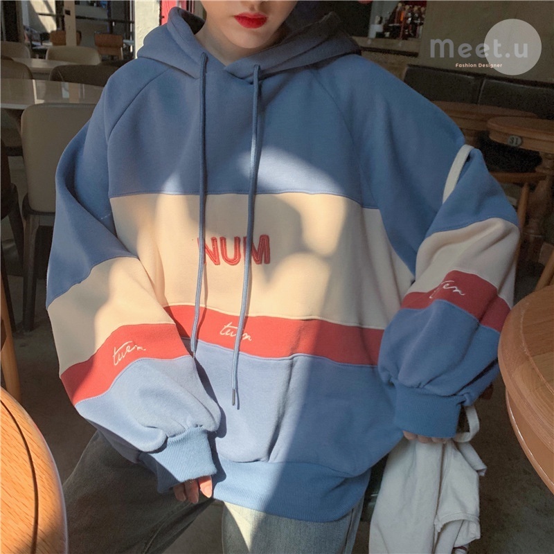 Meet.U Musim hujan sweater berkerudung wanita jahitan loose surat bordir hoodie atasan wanita