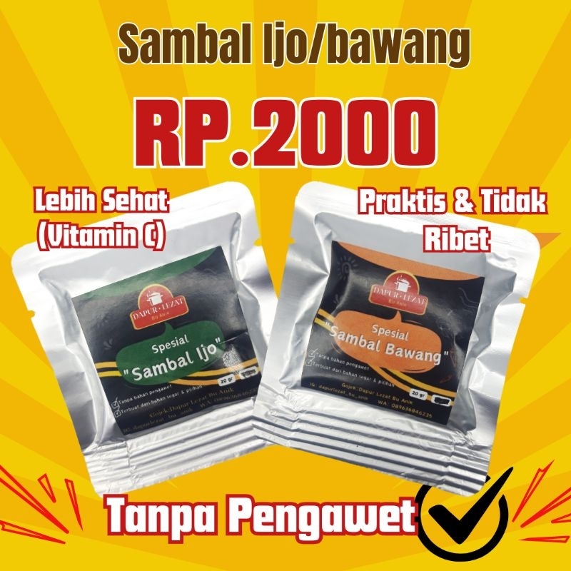 

SAMBAL NON-PENGAWET MURAH(20gr)SAMBAL SASET/SACHET BAWANG, SAMBAL IJO/ DAPUR LEZAT BU ANIK, HOMEMADE, ULEG