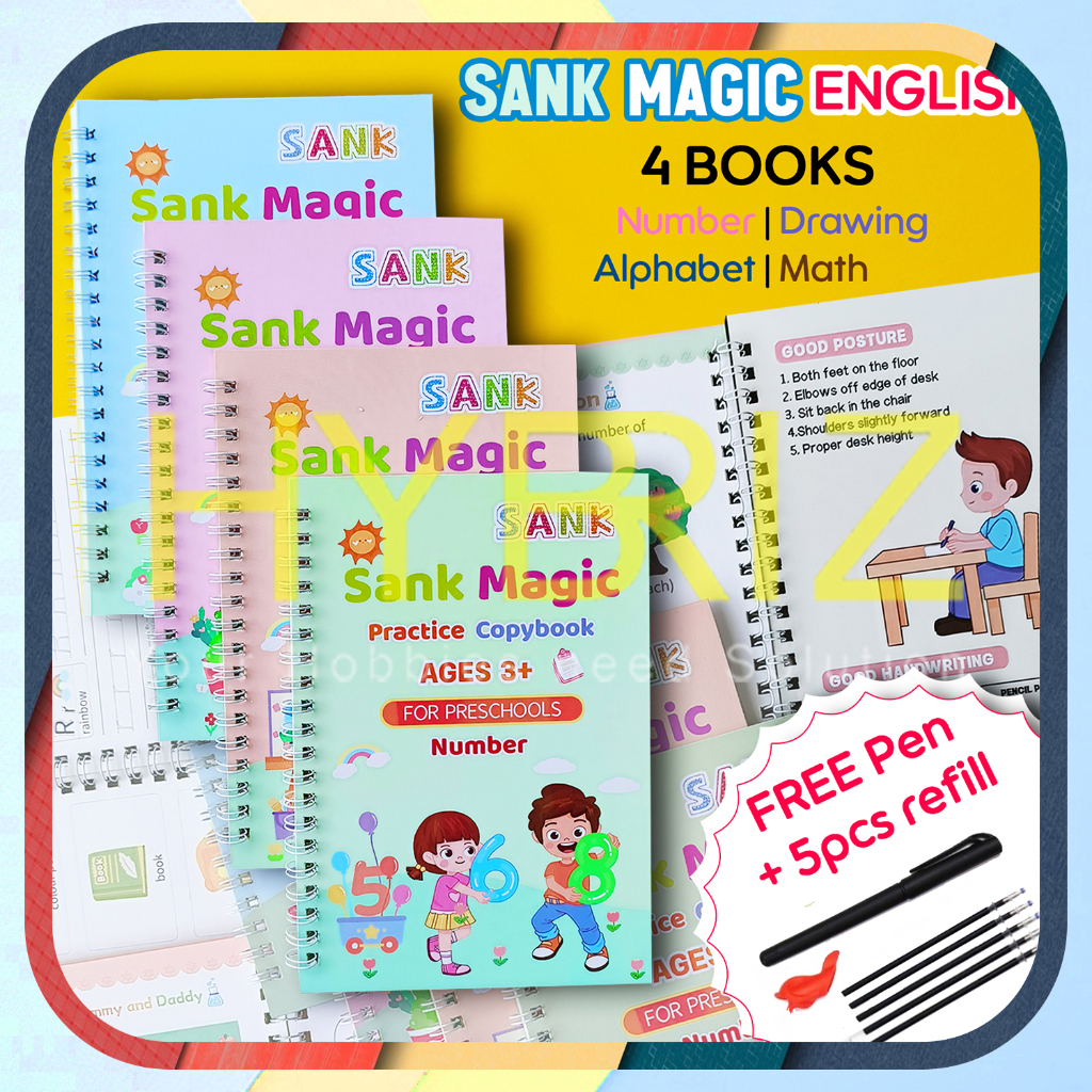 

4pcs Sank Magic Book Buku Belajar menulis Anak Buku Angka Huruf Buku Edukasi Anak TK SD PAUD