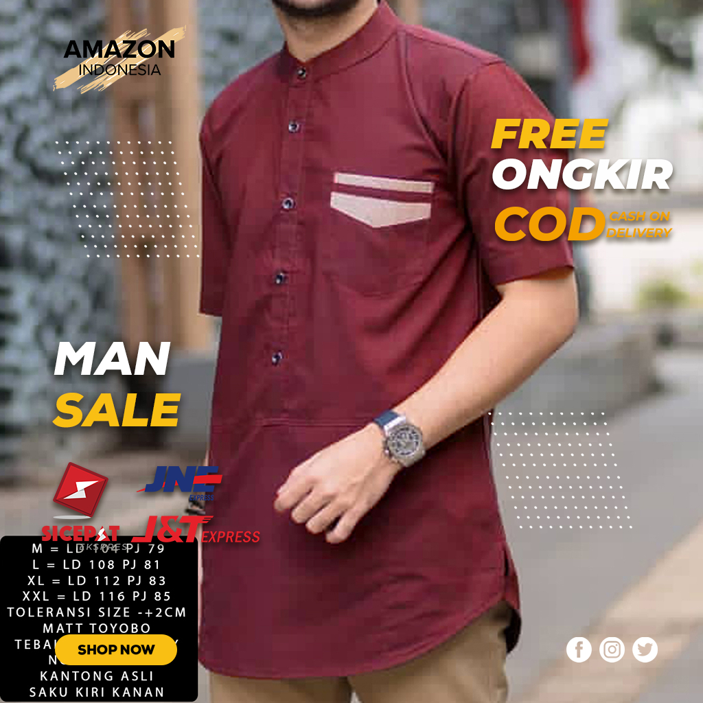 Baju Koko Pria Dewasa Terbaru Model Moden Warna Maroon Bahan Premium Baju Muslim Atasan Pria Kemeja Kekinian Lengan Pendek Murah Bagus