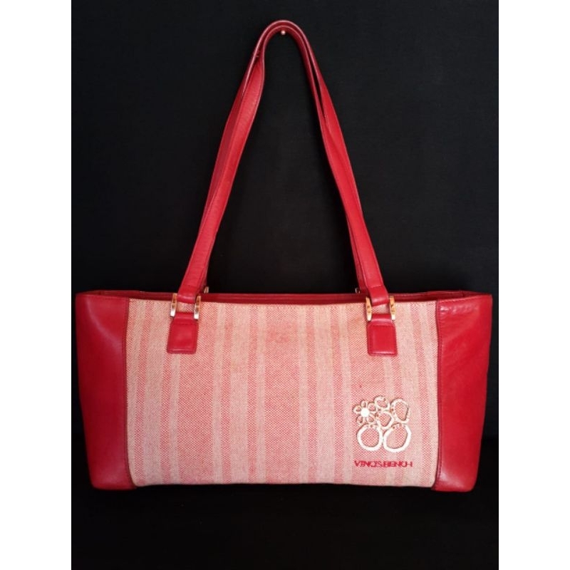 Tas Vincis Bench Shoulder Bag Kanvas Mix Kulit Asli Merah