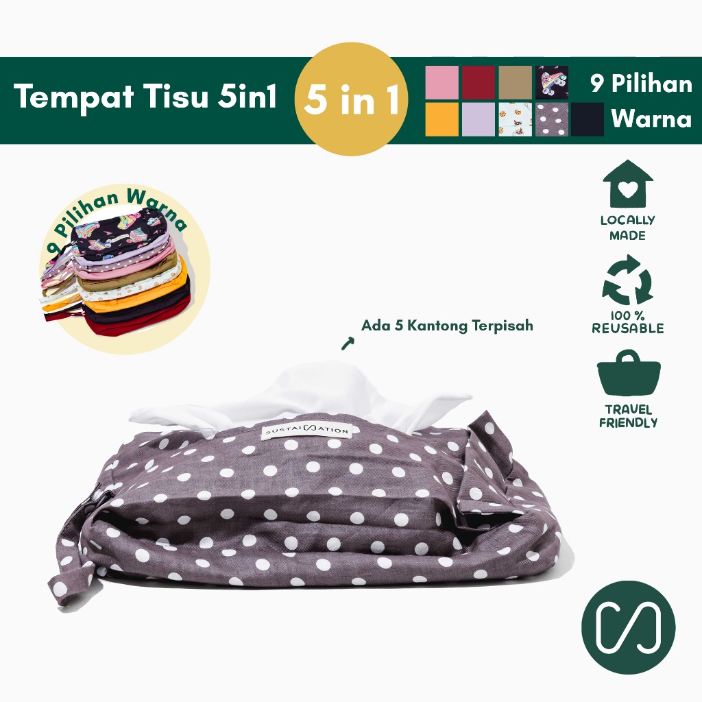 Sustaination Tempat Tisu 5 in 1 Serbaguna dan Tisu Kain (12 pcs) - Kantong Tas Waterproof