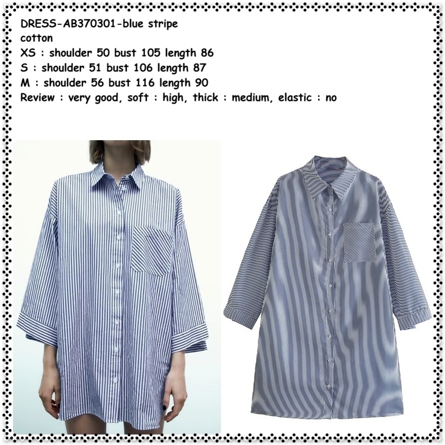 AB370301 Mini Dress Kemeja Lengan Panjang Garis Biru Putih Wanita Korea Import Tunik