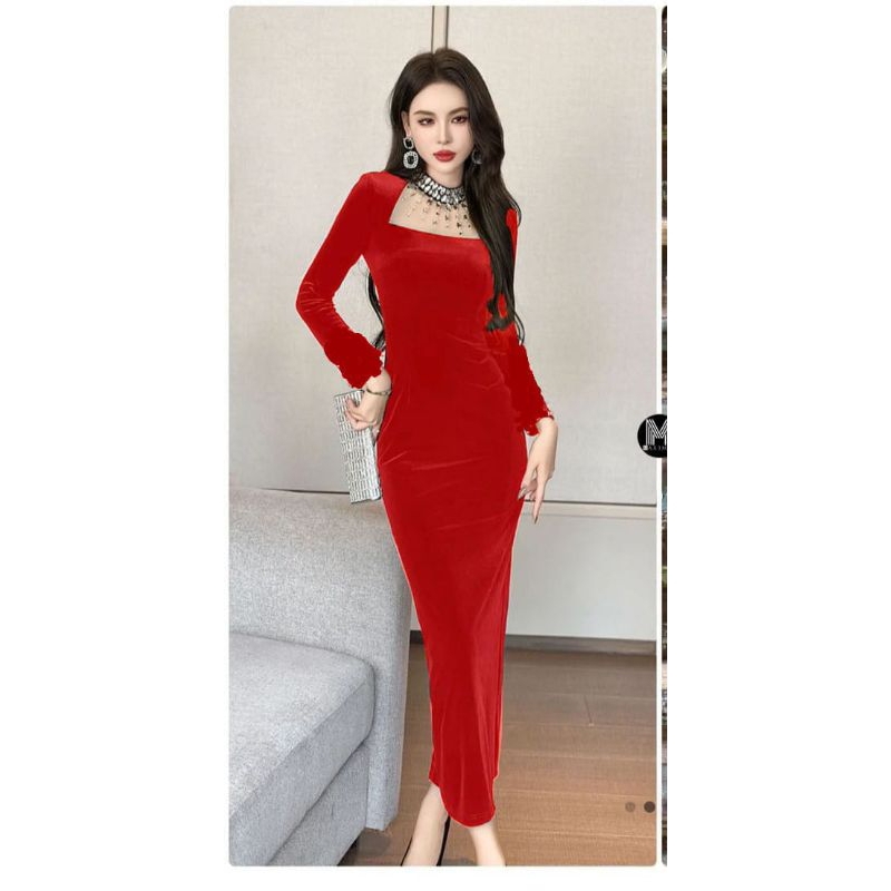 GAUN LONGDRES BLUDRU SQUATE NECK TANGAN PANJANG BODYCON