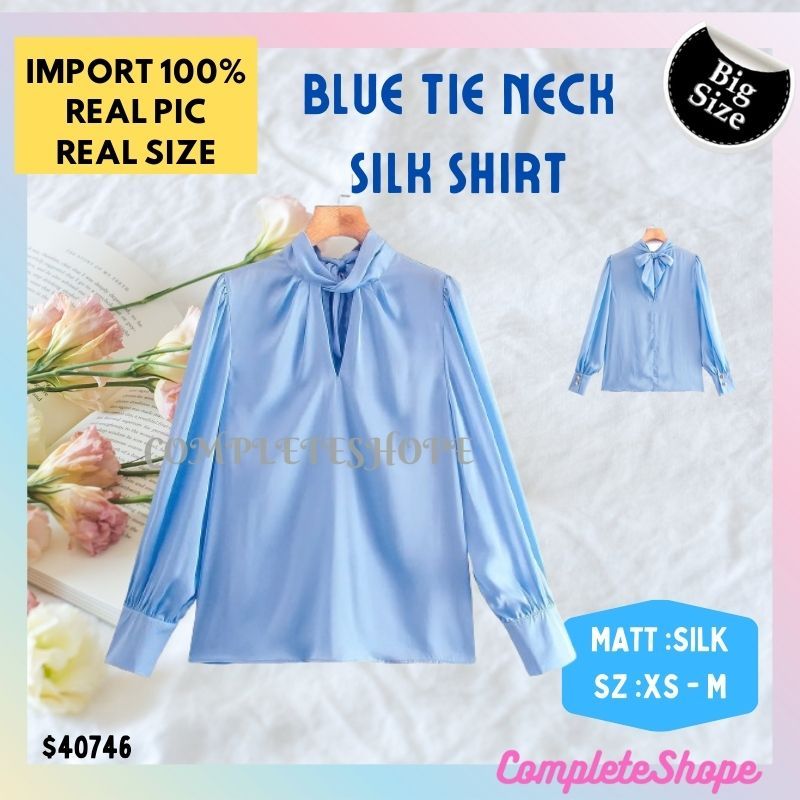 ATASAN BAJU BLOUSE BLUS  SATIN SUTRA  WANITA ANAK PEREMPUAN BIG SIZE OVER SIZE JUMBO  BIRU POLOS KEY