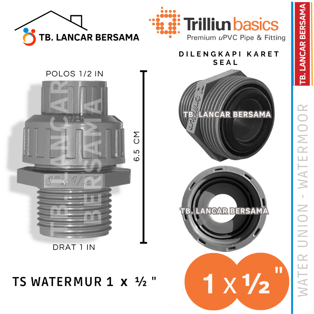 WATERMUR 1 x 1/2 INCHI TRILLIUN TS - WATER UNION VALVE SOCKET FITTING PVC