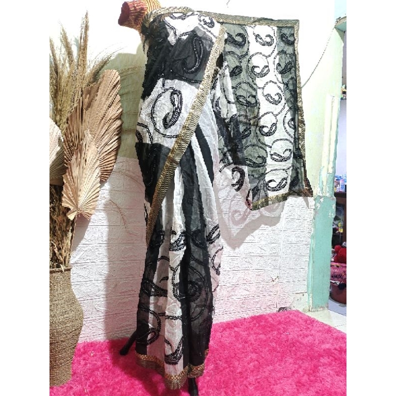 BAJU INDIA/ SAREE LILIT HITAM PUTIH/ BAHAN LACE BORDIR PAYET
